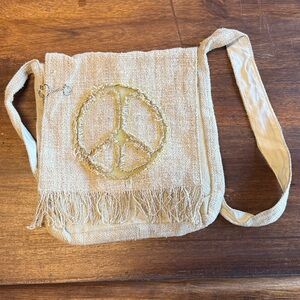 Kathmandu Imports pale khaki hemp shoulder bag/satchel with a peace sign